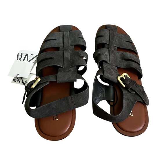 ZARA Suede Fisherman Sandals Gray Size 9 Leather Buckle Strap Flat NWT - Picture 2 of 7